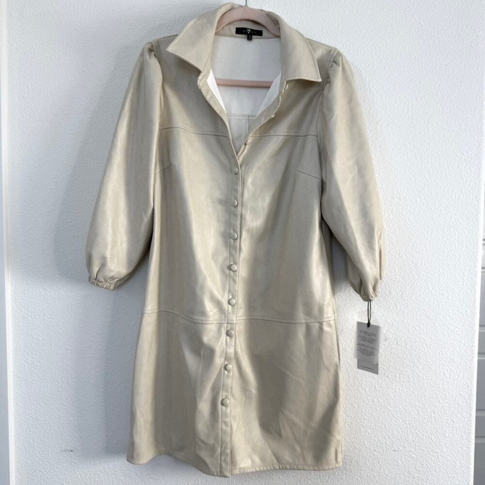 7 For All Mankind Faux Leather Shirt Dress Beige Button Front Vegan Size S